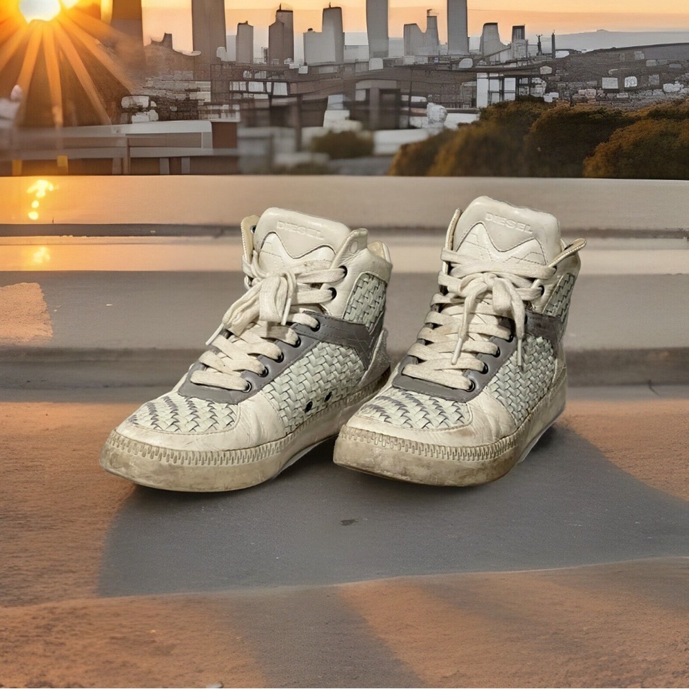 Diesel LE S-Spaark Mid White Gray Woven Leather Sneakers Mens Size 9